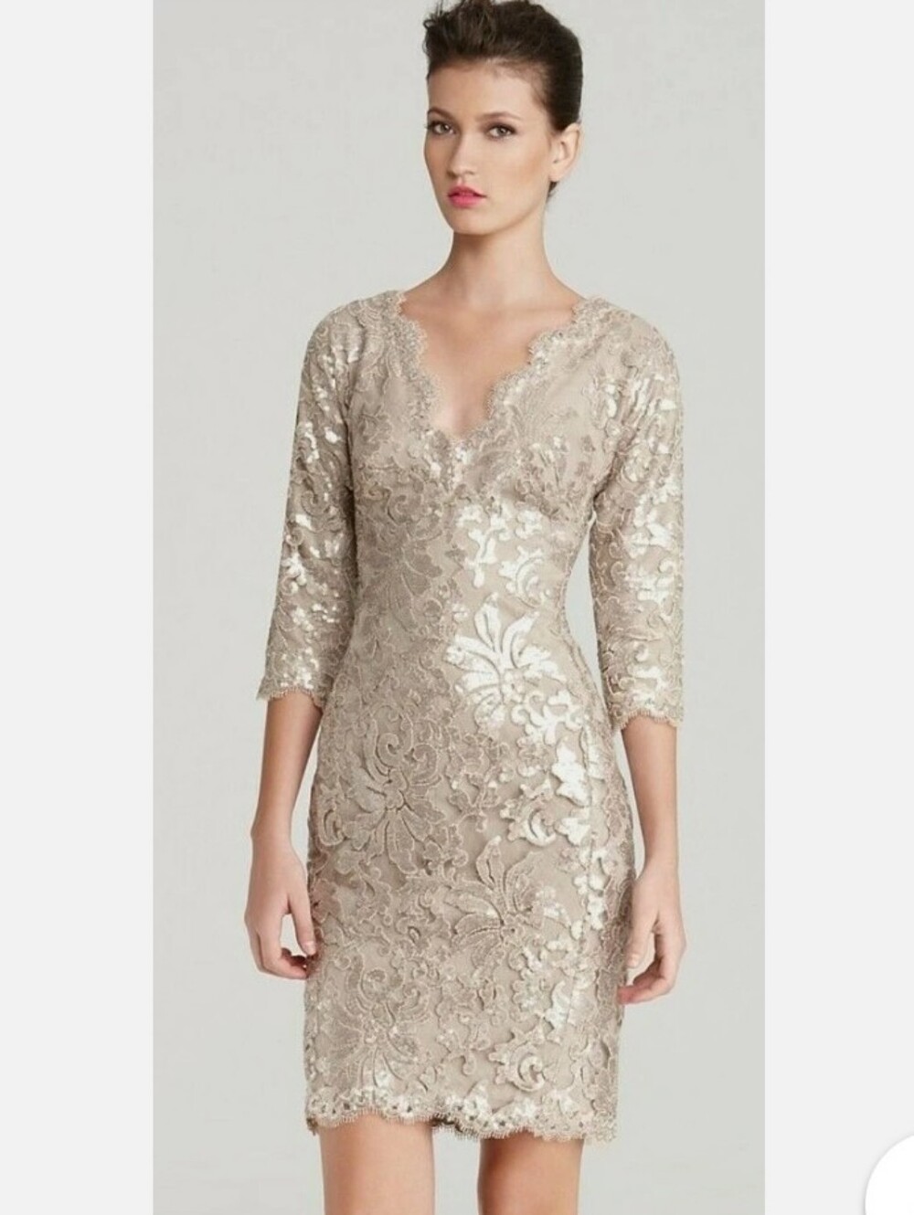 Tadashi Shoji Beige Sequin ¾ Sleeve Cocktail Dress Size 8